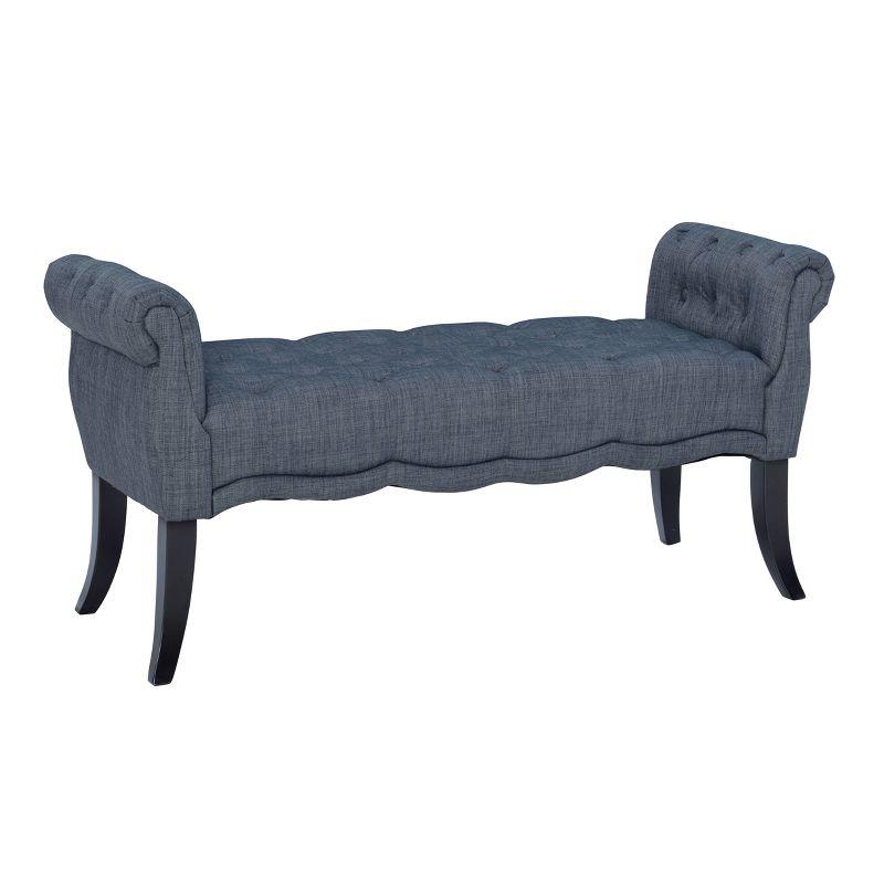 Charcoal Tufted Linen Roll Arm Bench with Espresso Legs