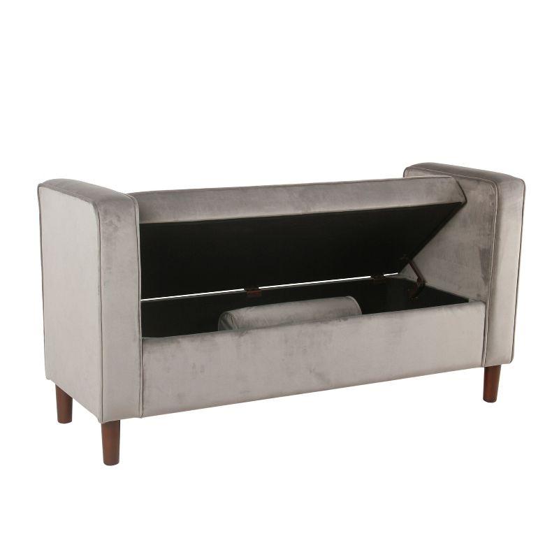 Mid-Century Modern Gray Velvet Storage Bench with Bolster Pillows