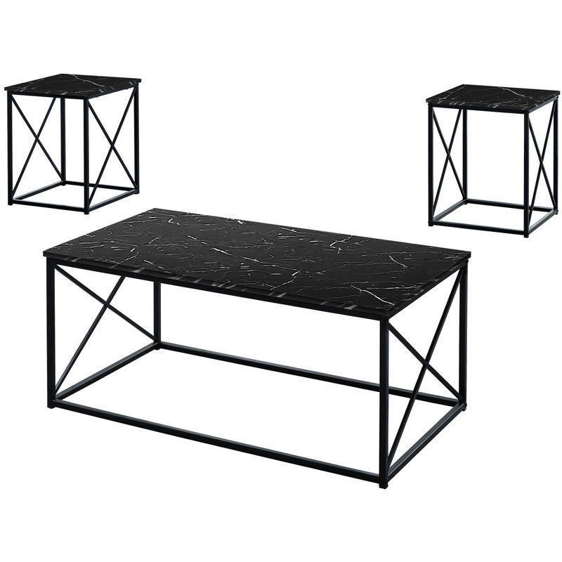Monarch Specialties Table Set 3Pcs Set Coffee End Side Accent Living Room Metal Laminate Black Marble Look Contemporary Modern