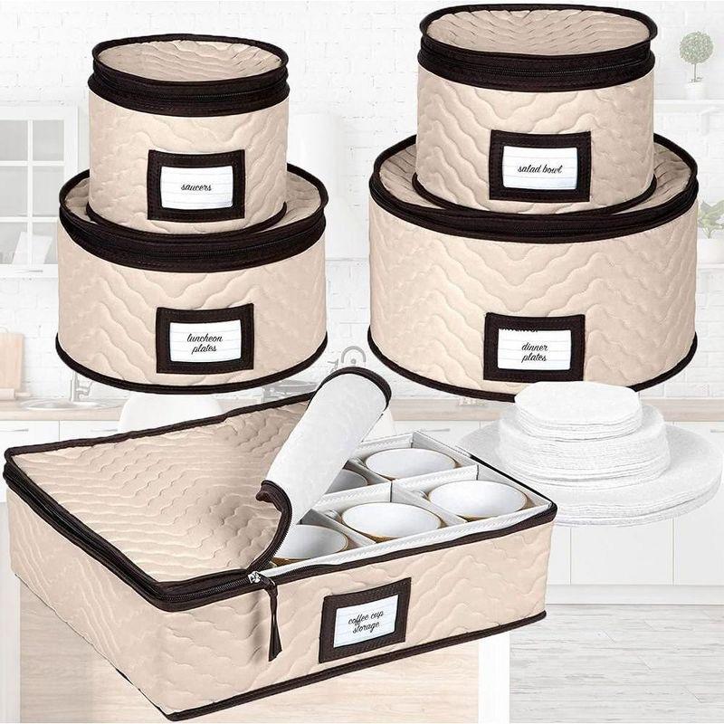 Flax and Brown Quilted Microfiber 5-Piece China Storage Set