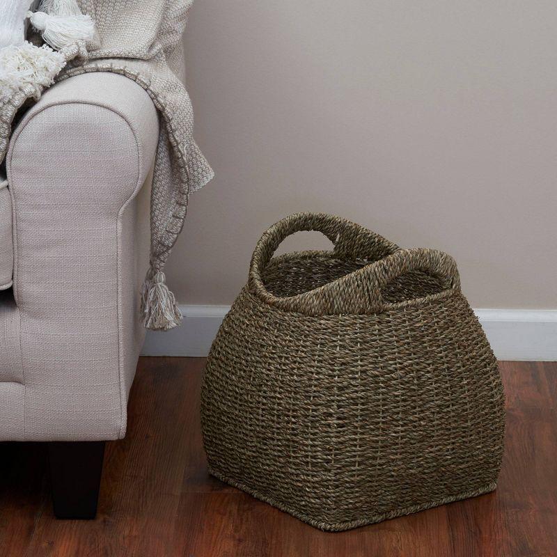 Household Essentials Basket with Handles Seagrass: Handwoven Round Storage, Brown Decorative Wicker, 14" Height