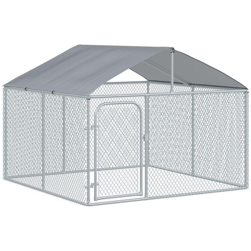 Silver Outdoor Metal Dog Kennel with Mesh Sidewalls and Cover