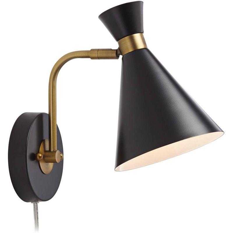 360 Lighting Venice Mid Century Modern Wall Lamps Set of 2 Matte Black Brass Plug-in 6 1/4" Light Fixture Cone Shade for Bedroom Reading Living Room