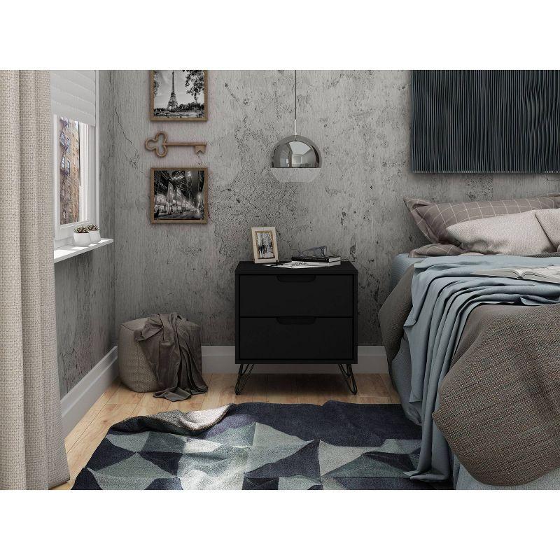 2.0 Rockefeller Nightstand Black - Manhattan Comfort: Modern Bedside Table with Metal Legs & Storage