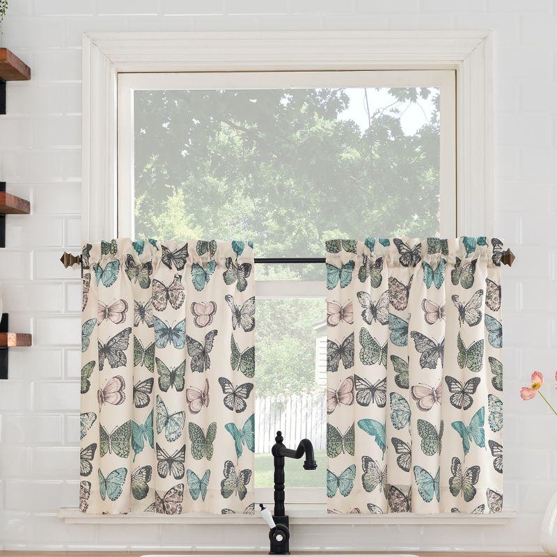 2pc 56"x24" No. 918 Sheer Magdalena Butterfly Print Rod Pocket Kitchen Curtain Tier Pair: Polyester, Machine Washable