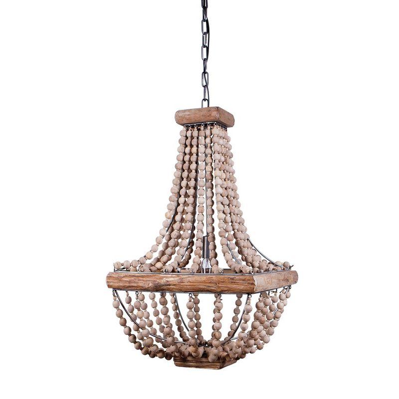 Elegant Black Cage Chandelier with Natural Wood Beads