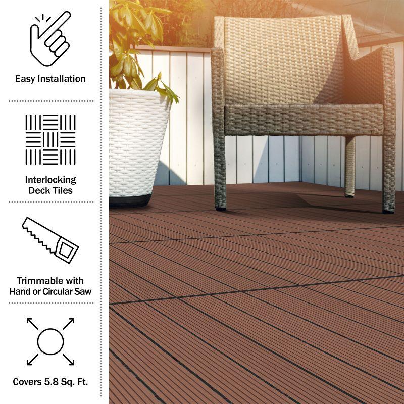 Deck Tiles - 6-Pack Wood Plastic Composite Interlocking Patio Tiles - 5.8SQFT Outdoor Flooring for Balcony, Porch, and Garage by Pure Garden