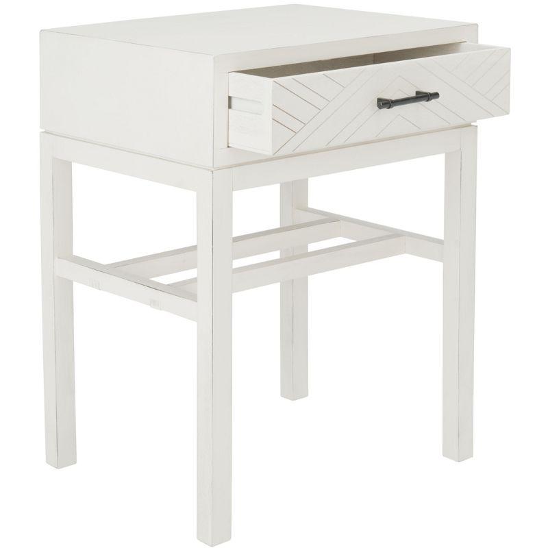 Chevron-Inspired Distressed White Wood & Metal Accent Table with Storage