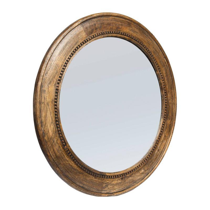 Walnut Round Carved Wood Framed Wall Mirror with Hobnail Detail