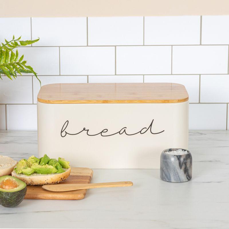 Storied Home Metal "bread" Bin with Bamboo Lid, Cream
