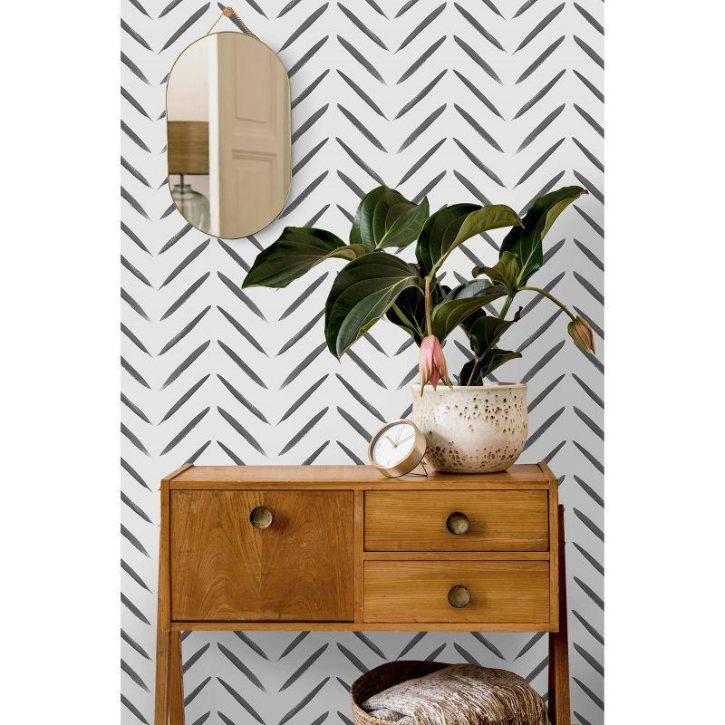 Holden Chevron Brush Marks Black and White Wallpaper: Modern Non-Pasted Paper, Classic Pattern, Washable, 33ft x 20.8in