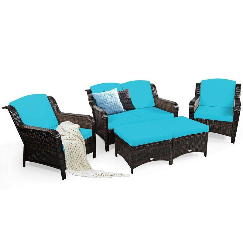 Tangkula 5 PCS Patio Rattan Sectional Sofa Set Outdoor Furniture Conversation Set Cushioned Loveseat Sofa Ottoman