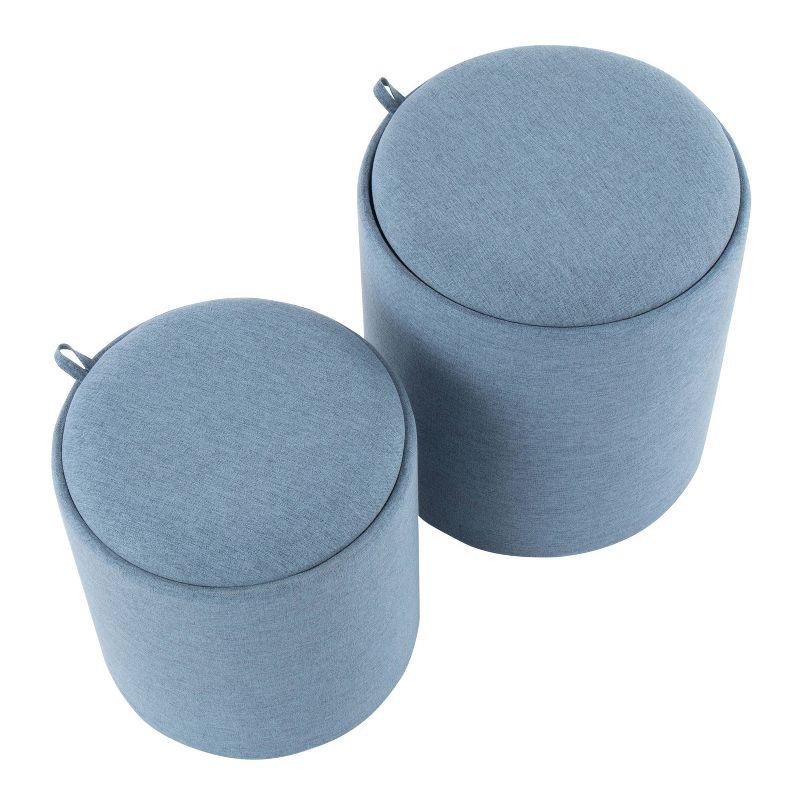 Turin Blue Fabric Nesting Storage Ottoman Set with Tray and Natural Wood