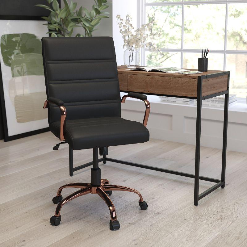 Mid-Back Black Faux Leather Office Chair with Rose Gold Accents