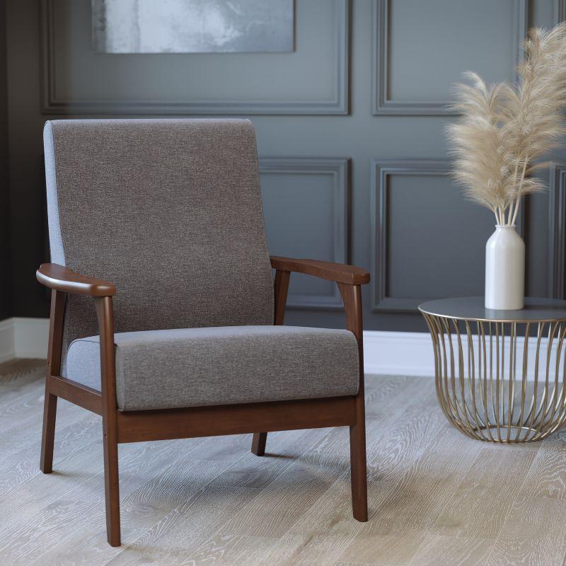 Flash Furniture Langston Commercial Grade Faux Linen Upholstered Mid Century Modern Arm Chair with Walnut Finished Wooden Frame and Arms in Gray