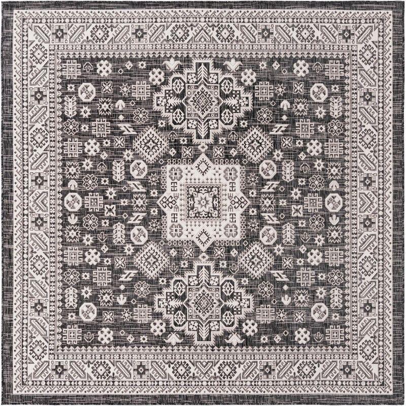 Unique Loom 7' 10 x 7' 10 Square Indoor/Outdoor Aztec Charcoal Gray Area Rug