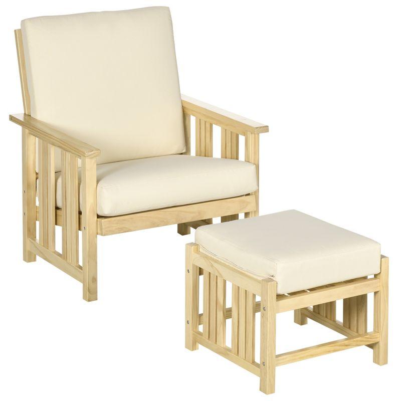 Beige Cushioned Wooden Outdoor Lounge Chair and Ottoman Set for 2