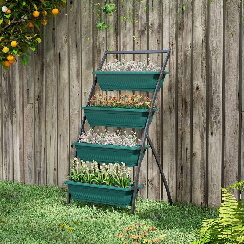 Outsunny Raised Garden Bed with 4 Planter Boxes, Self Draining, Plant Stand Grow Container for Vegetable Flowers Herb, Green