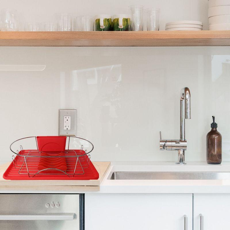 Red and Silver Metal Dish Rack with Utensil Cup