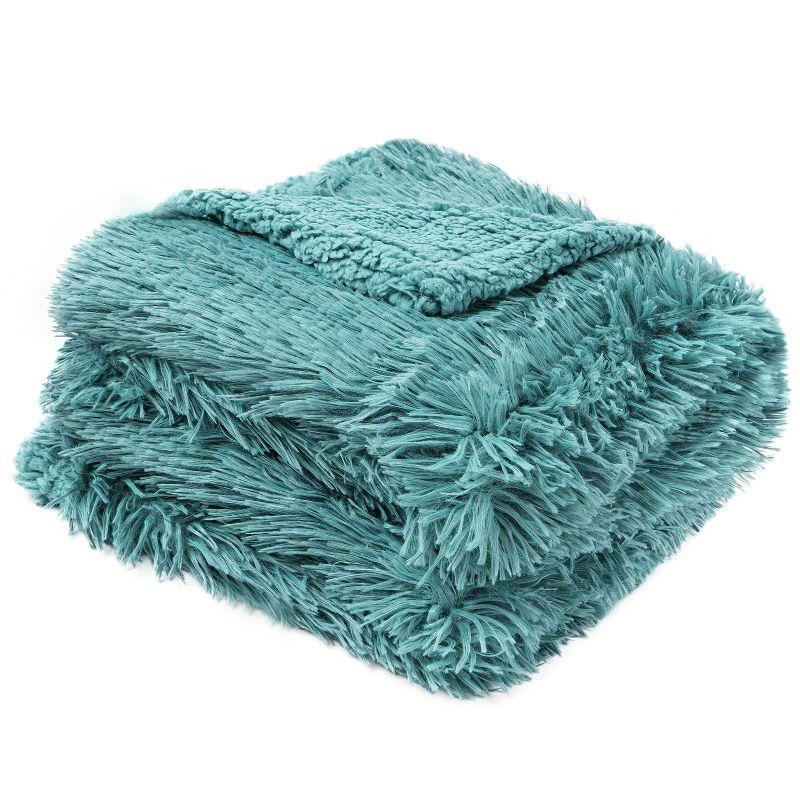 PAVILIA Fluffy Faux Fur Reversible Throw Blanket for Bed, Sofa, and Couch