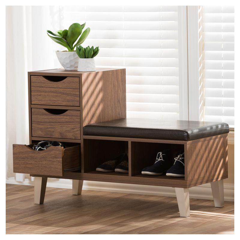 Walnut Brown Shoe Storage Bench with Faux Leather Seat