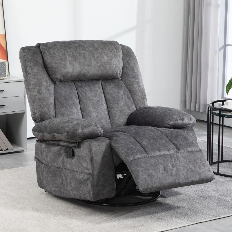 HOMCOM Swivel Rocker Chair, Fabric Upholstered Recliner Chair with Cushion, with Footrest, Side Pockets, Charcoal Gray