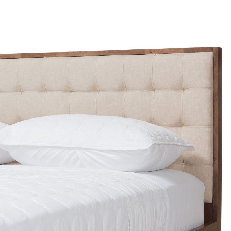 Soloman Mid-Century Modern Light Beige Linen & Walnut Wood Full Bed