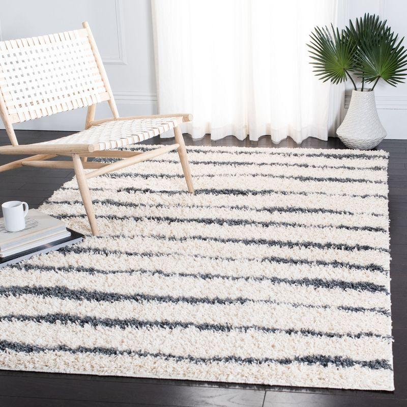 Ivory and Dark Grey Striped Shag Area Rug