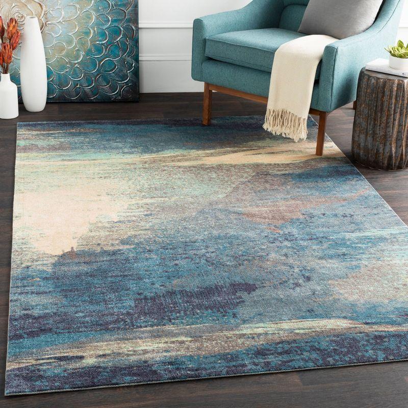 Aqua Blue Abstract Reversible 4' x 6' Easy-Care Wool-Blend Rug