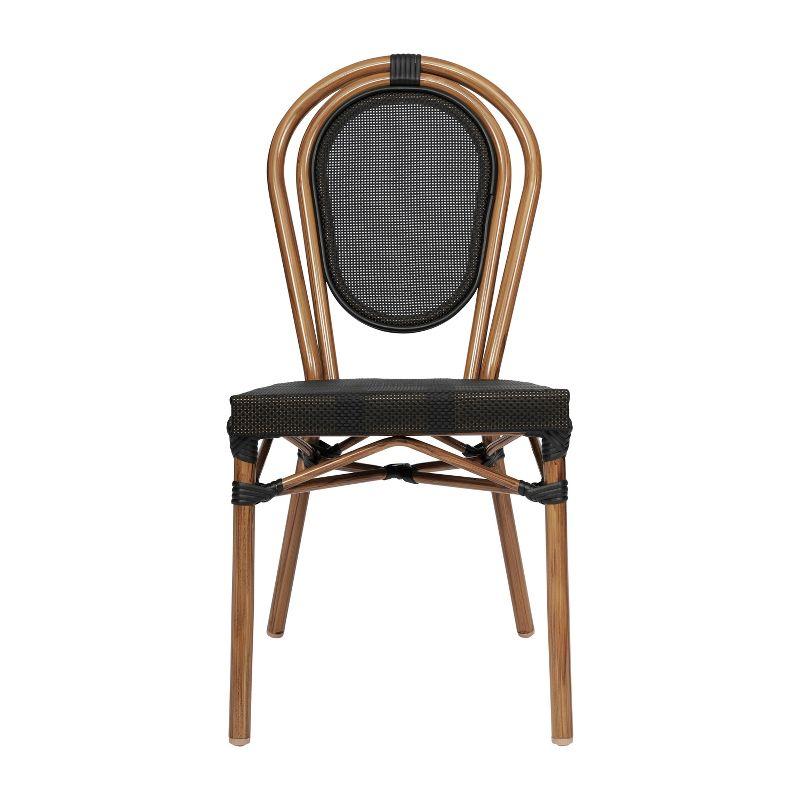 Emma & Oliver Massalia Set of Two Indoor/Outdoor Stacking Thonet Bistro Style Chairs with Black Textilene Seat and Natural Bamboo Finished Metal Frame