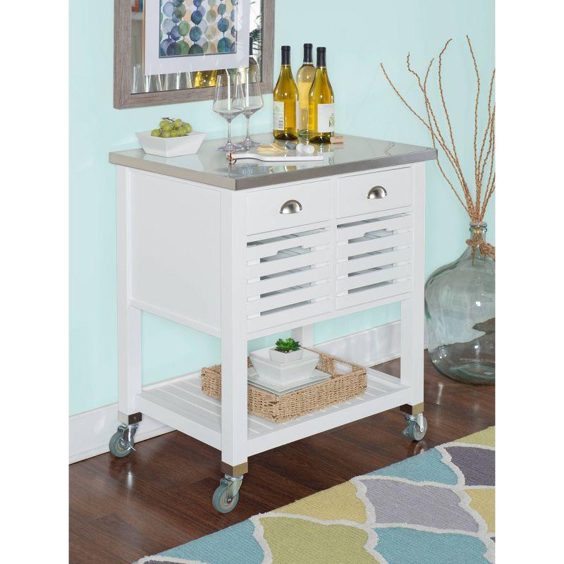 Robbin White Wood Kitchen Cart: Stainless Steel Top, Storage on Wheels - Linon