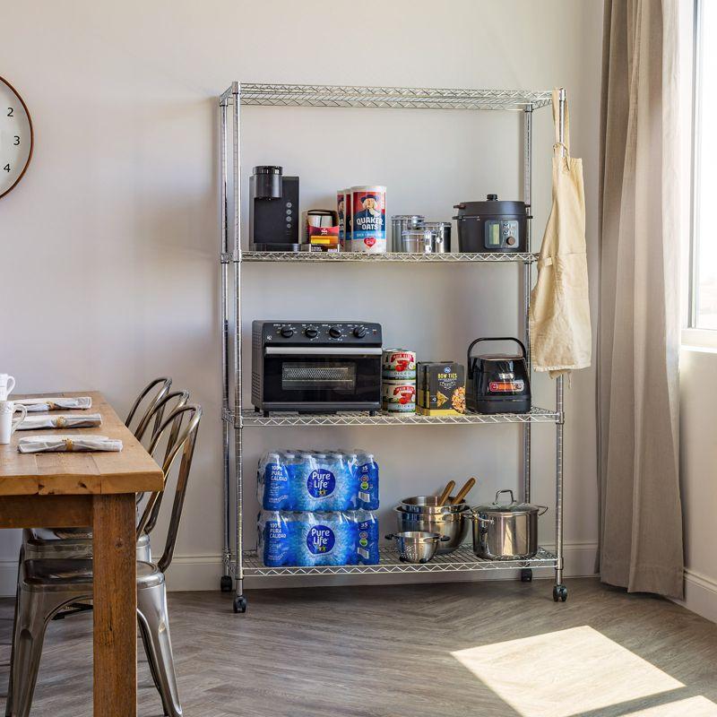 Silver 4-Tier Industrial Steel Wire Shelving Unit with Casters