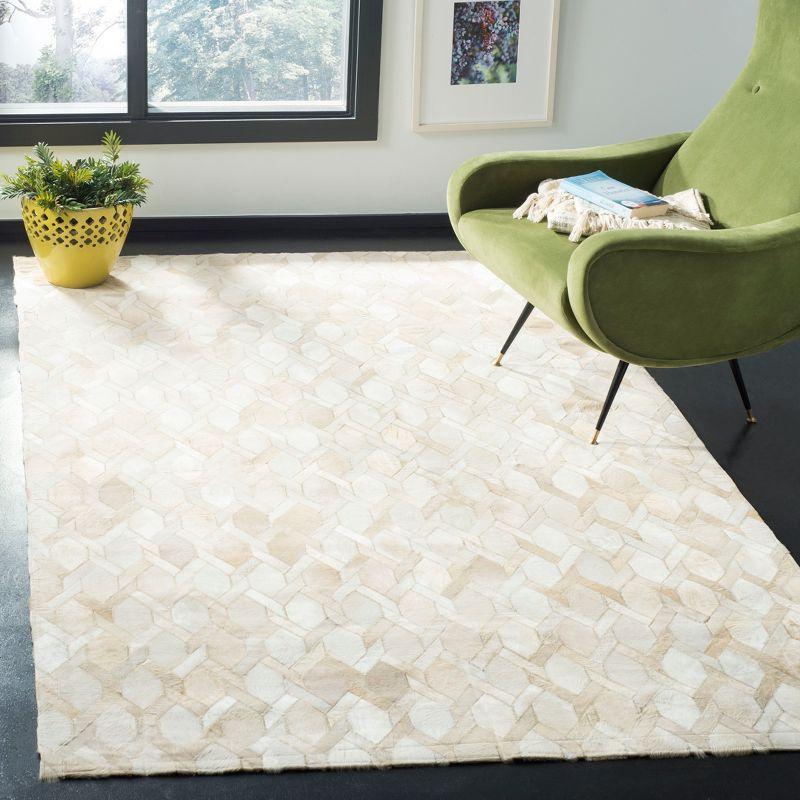 Ivory Geometric Hand-Knotted Cowhide Area Rug, 4' x 6'