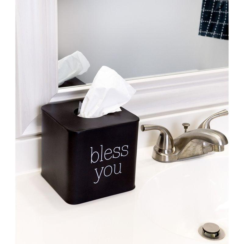 Black Enamel Square Tissue Box Cover with Bless You Text