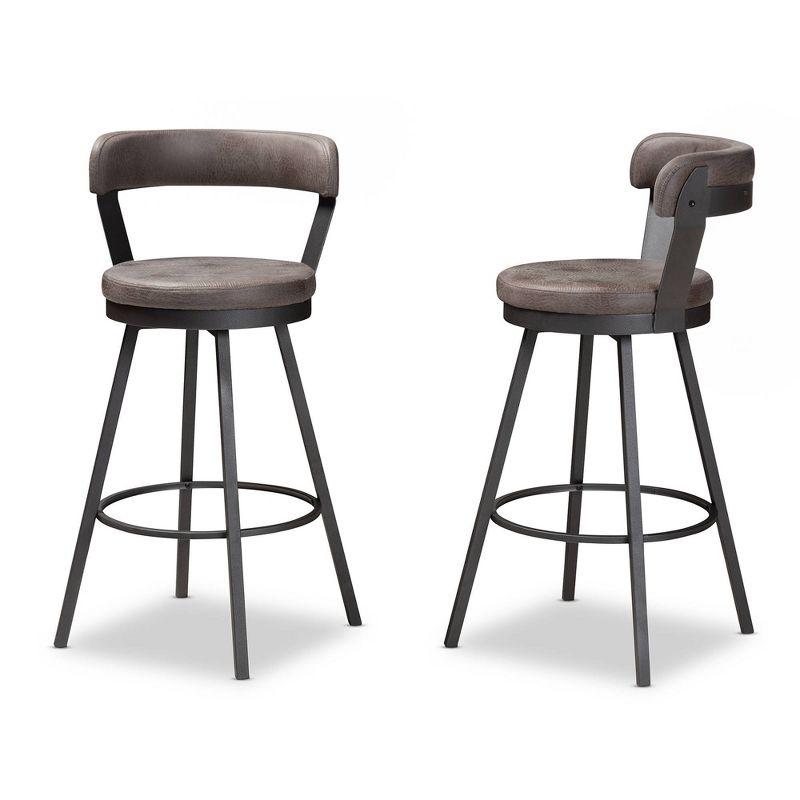 Baxton Studio Set of 2 Arcene Antique Faux Leather Swivel Barstools Gray/Black: Upholstered, Curved Back, Metal Frame