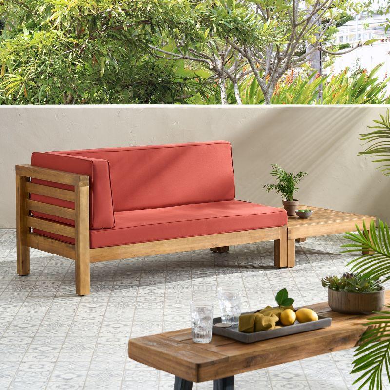 Christopher Knight Home Oana Outdoor Acacia Wood Left Arm Loveseat and Coffee Table Set with Cushion, Teak/Red