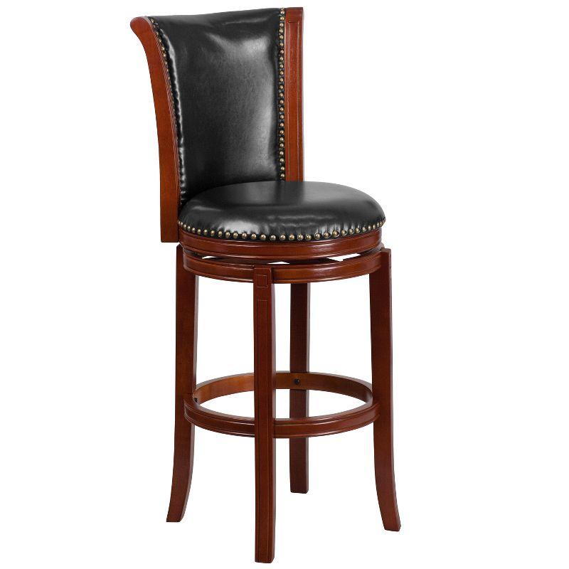 30" Dark Chestnut Wood and Black Leather Swivel Bar Stool