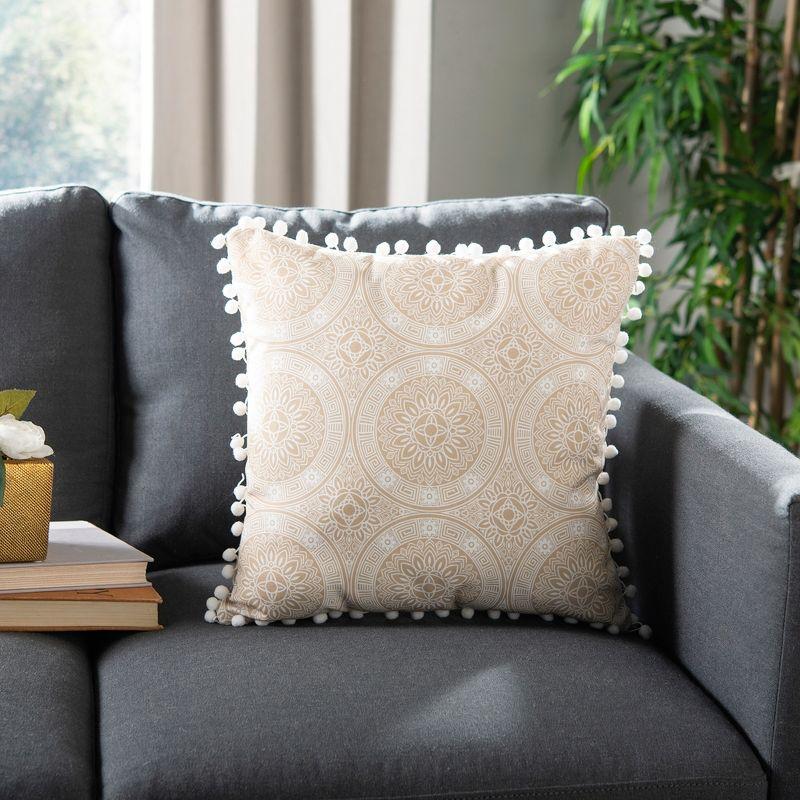 Beige and Gray Floral Medallion Pom Pom Pillow