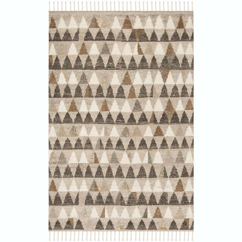 Ivory Geometric Hand-Knotted Wool Area Rug with Fringe, 8' x 10'