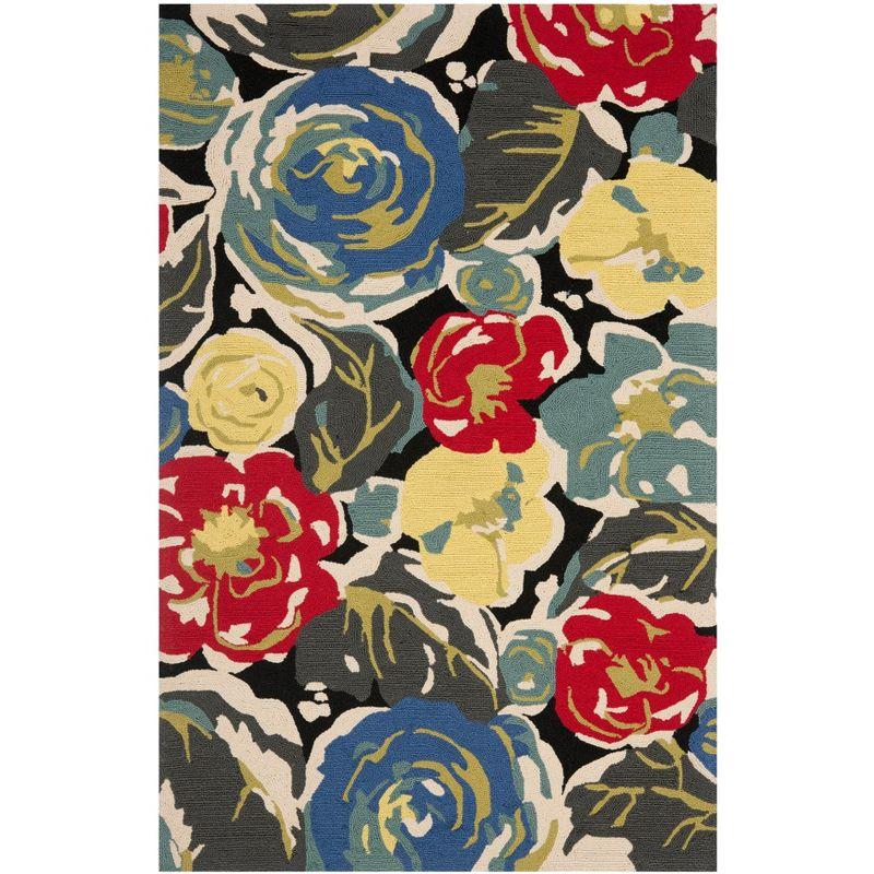 Handmade Black Floral Rectangular Synthetic Area Rug