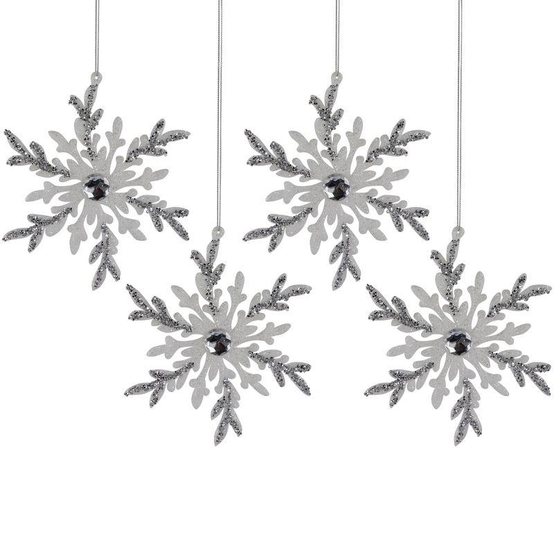 Set of 4 White and Silver Glitter Snowflake Ornaments