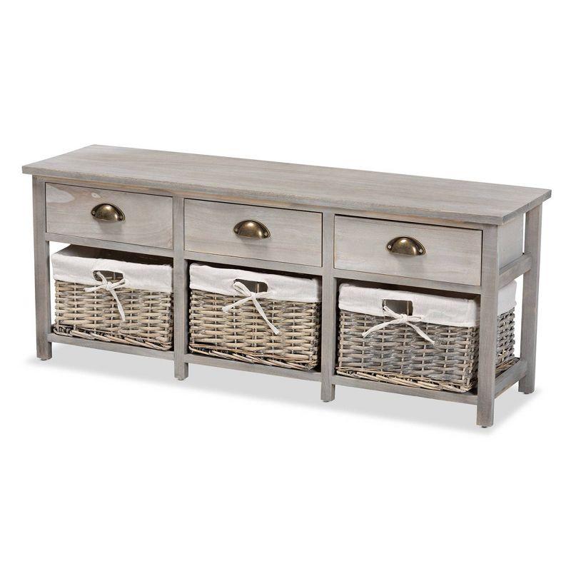 Mabyn Light Grey Wood & Wicker 3-Drawer Storage Bench