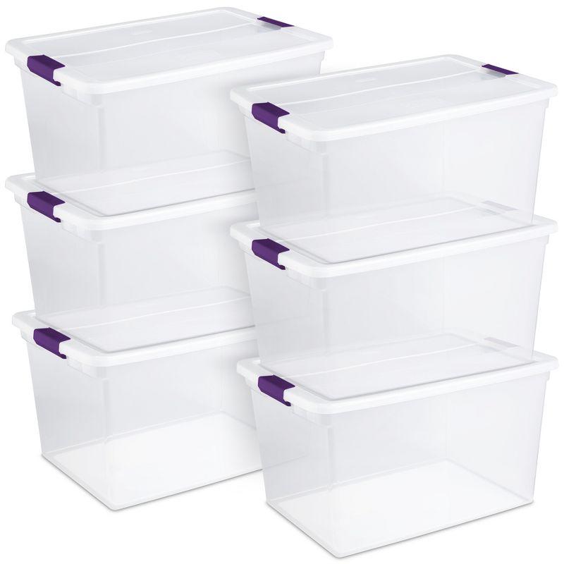 Sterilite 66 Qt ClearView Latch Storage Box, Stackable Bin with Latching Lid, Plastic Container to Organize Clothes in Closet, Clear Base, Lid, 6-Pack