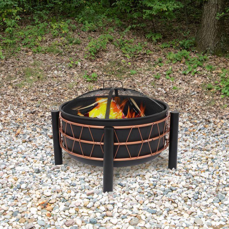 Sunnydaze Steel Fire Pit with Bronze Trapezoid Pattern and PVC Cover - 24.5" Round - Black