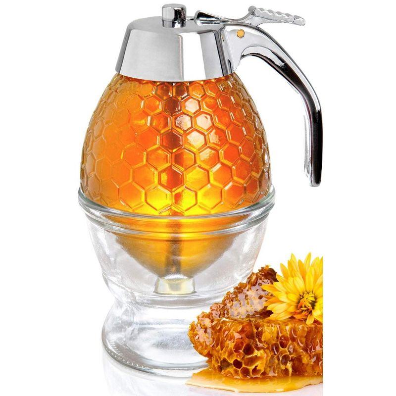 Clear Glass Honey Dispenser with Stainless Steel Trigger and Stand