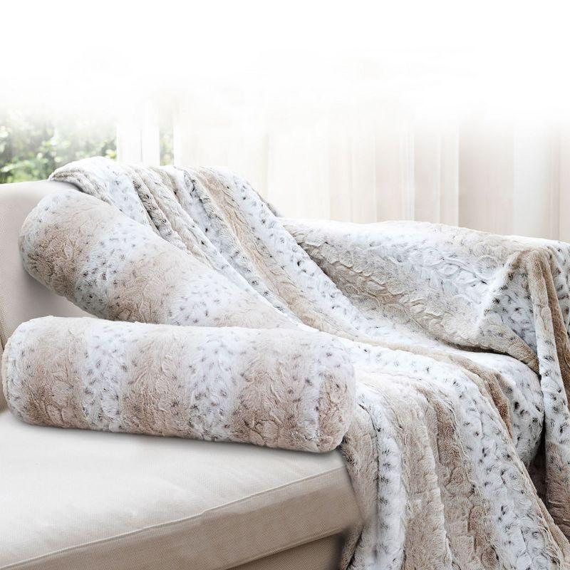 Cheer Collection Decorative Faux Fur Bolster Pillows Set of 2 - Snow Leopard (8" x 24")