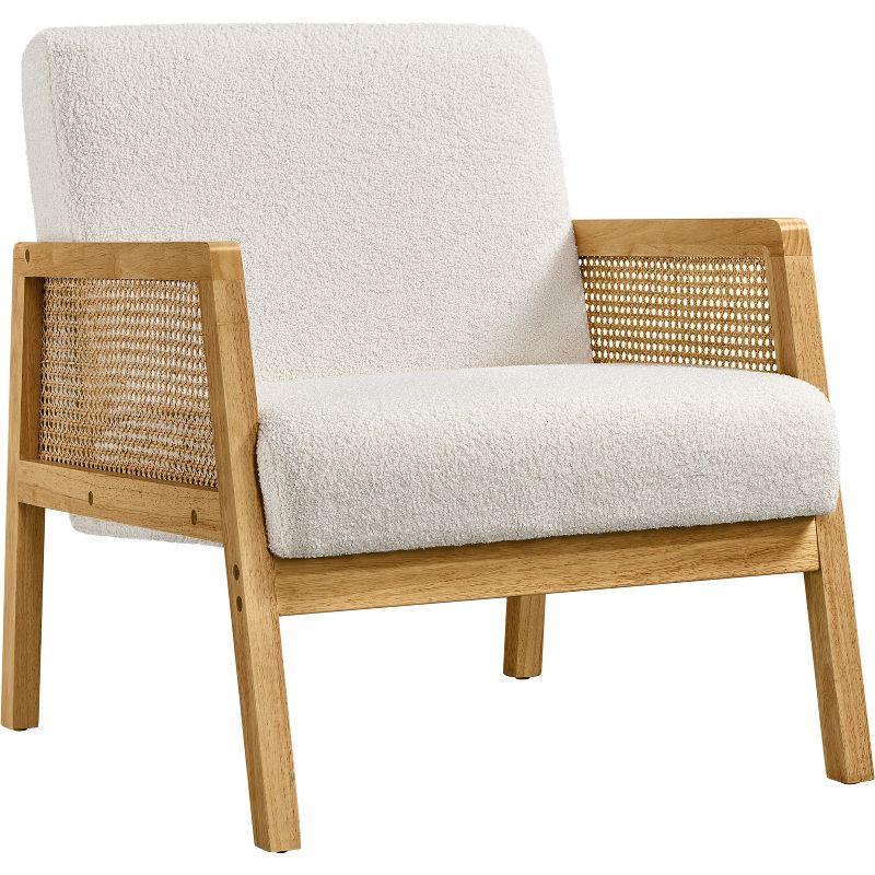 Ivory Boucle Fabric Accent Chair with Rattan Armrests and Wood Legs