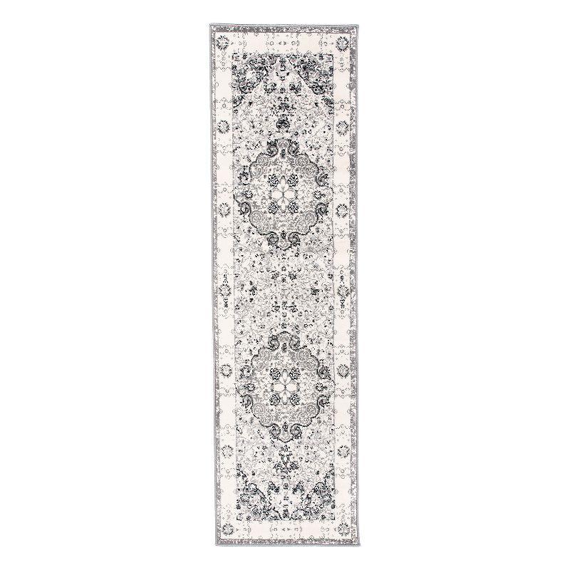 Gray Medallion Synthetic Easy Care Runner Rug