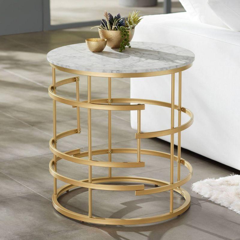 Studio 55D Brassica Modern Metal Round Geometric Tea Table 23 3/4" Wide Gold Cream Gray Faux Marble Tabletop for Living Room Bedroom House