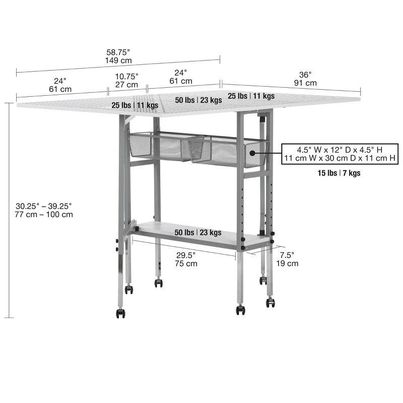 Adjustable Silver and White Folding Cutting Table with Grid Top